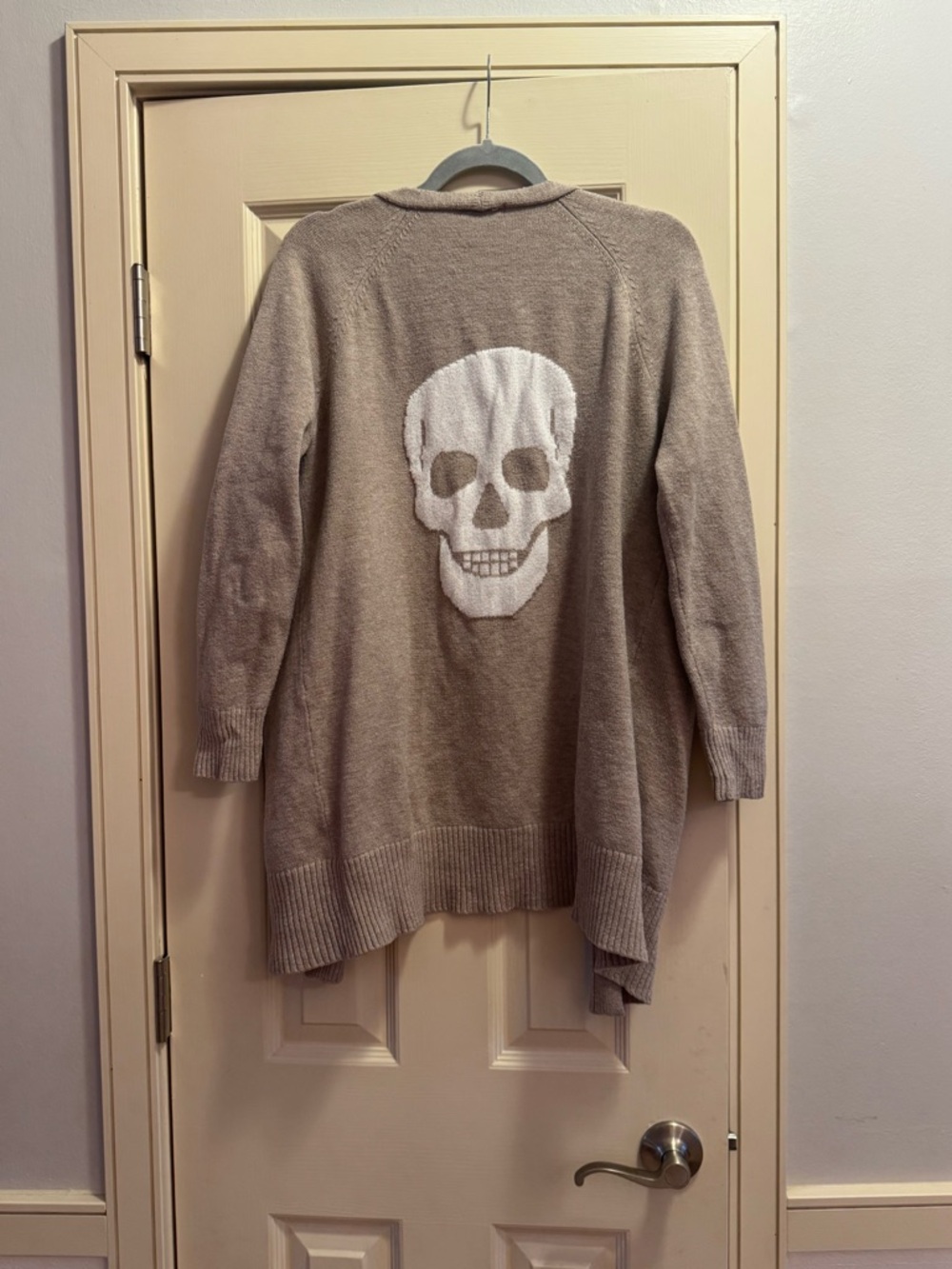 Sweet Romeo Taupe Open-Front Cardigan with White Skull
